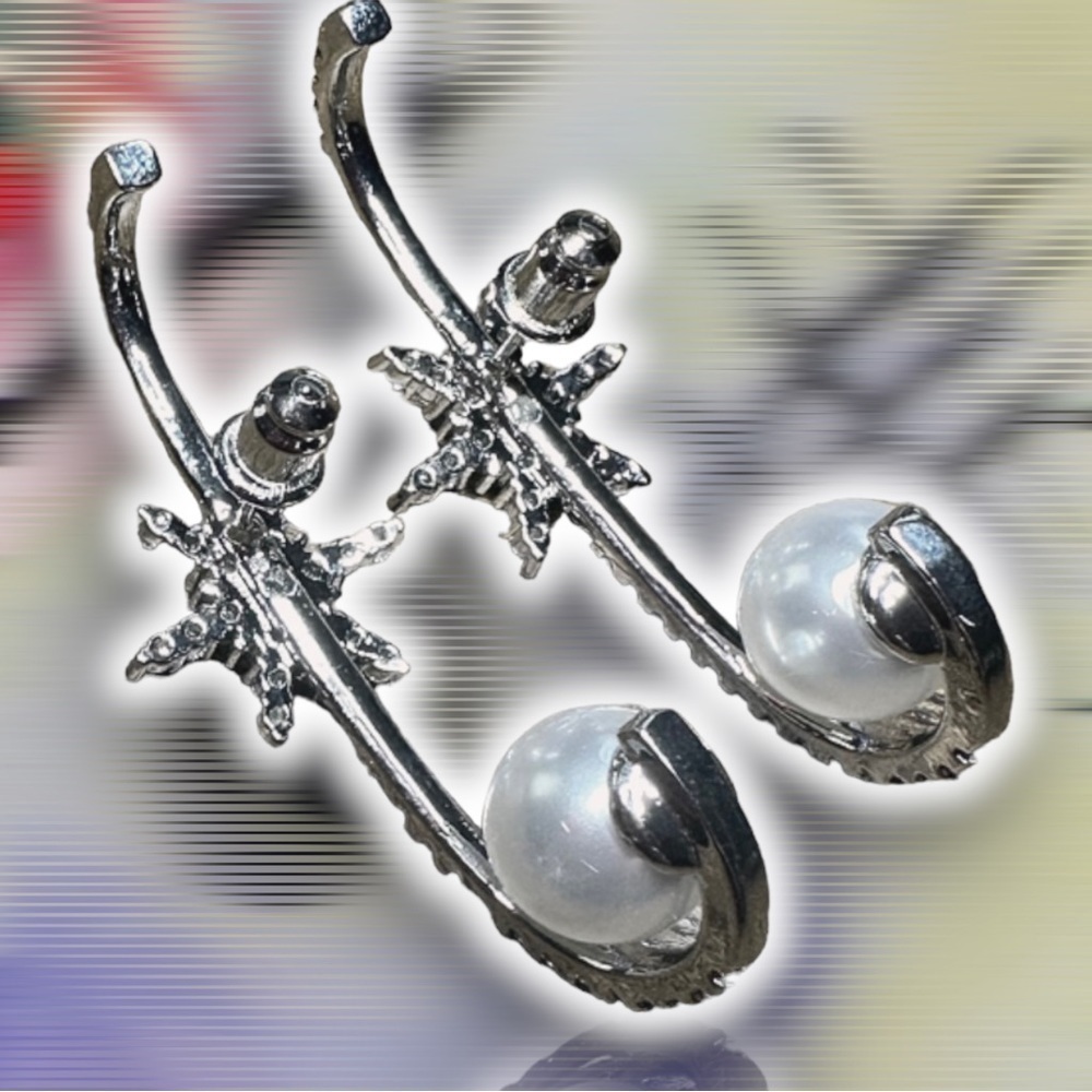 NEW CZ Over Lobe Drop Star Earrings With Reverse White Imitation Pearl - Picture 10 of 10